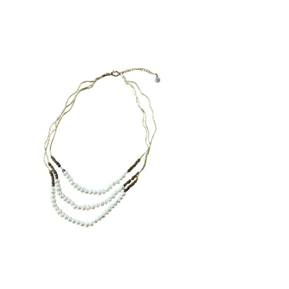 EP Triple Strand Freshwater Pearl & Brass Beaded Necklace With Adjustable Chain - Picture 2 of 7